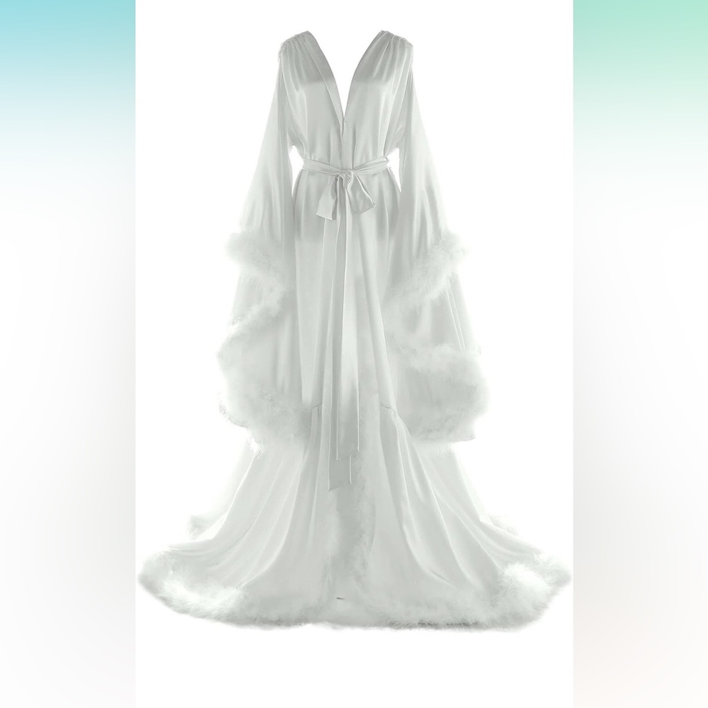 Long white silk robe with feather trim